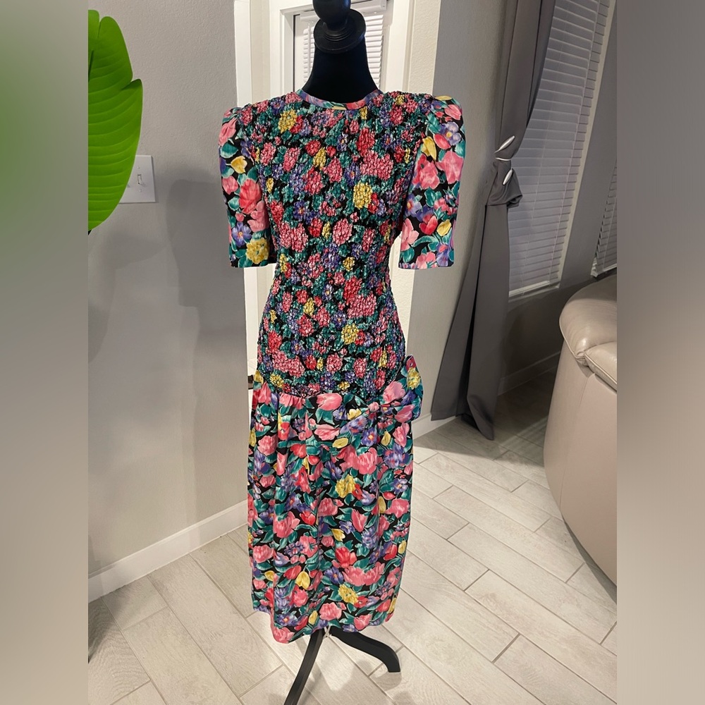 Vintage Plaza South Floral Cottage smocked bow Prairie padded shoulders Dress 10